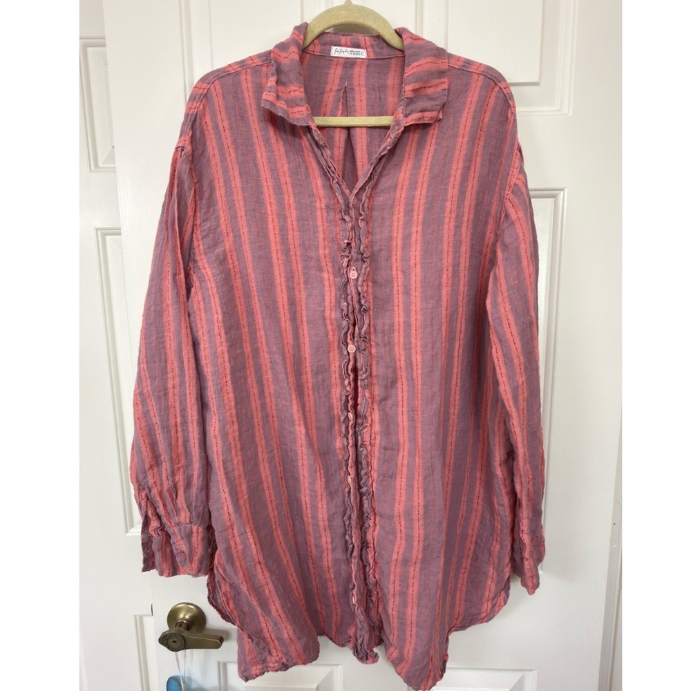 Free People x CP Shades Ruffle Linen Top|Guava Stripe|Size L (tunic-length)